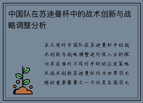 中国队在苏迪曼杯中的战术创新与战略调整分析