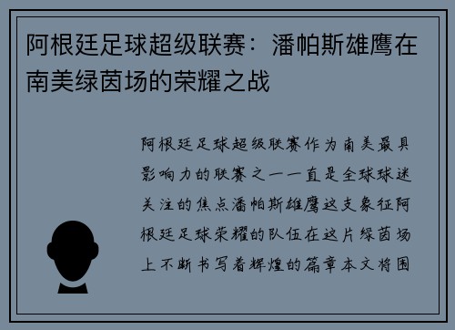 阿根廷足球超级联赛：潘帕斯雄鹰在南美绿茵场的荣耀之战