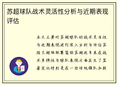 苏超球队战术灵活性分析与近期表现评估