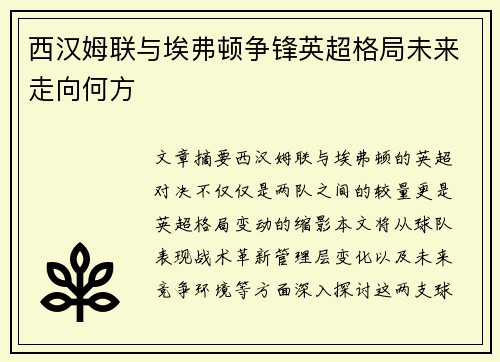 西汉姆联与埃弗顿争锋英超格局未来走向何方